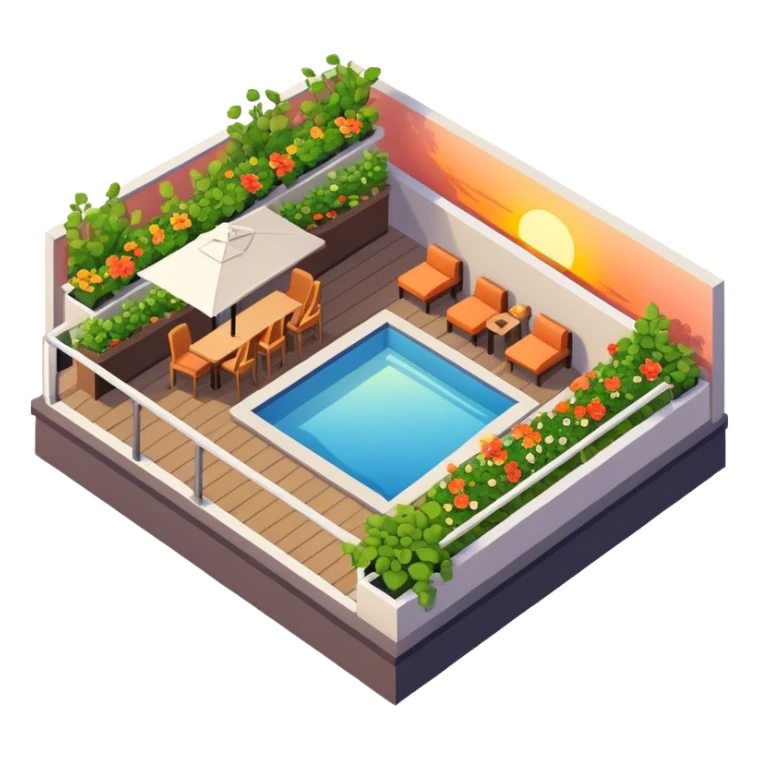 Hotel rooftop garden sunset bar, isometric exterior  sticker