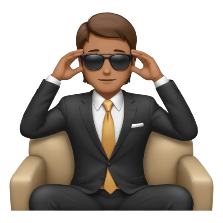 white man with brown hairs in formal suit wearing sunglasses resting with hands behind head sticker