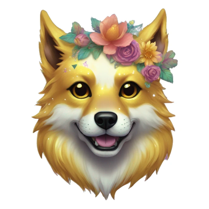 iridescent fluffy dog fox head zombie skull skeleton gold mechanical nebula galaxy stars colorful flowers fairy lights vintage sticker