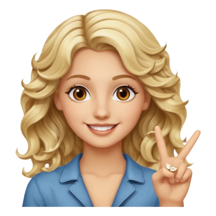 Luxury blonde model, brown eyes, wavy hair, peace sign sticker