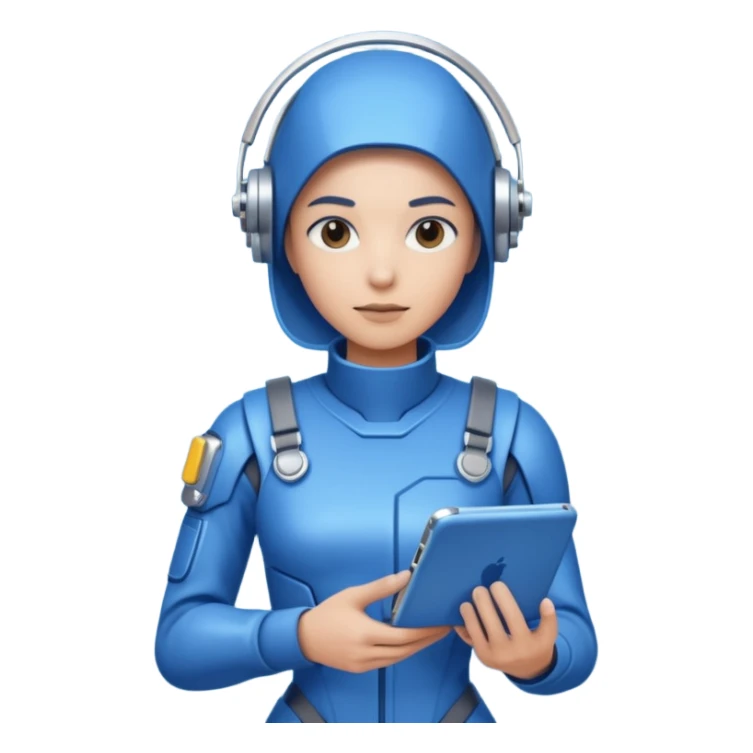 cybernetic person with digital toolkit, digital vibes, blue outfit, average skin color sticker