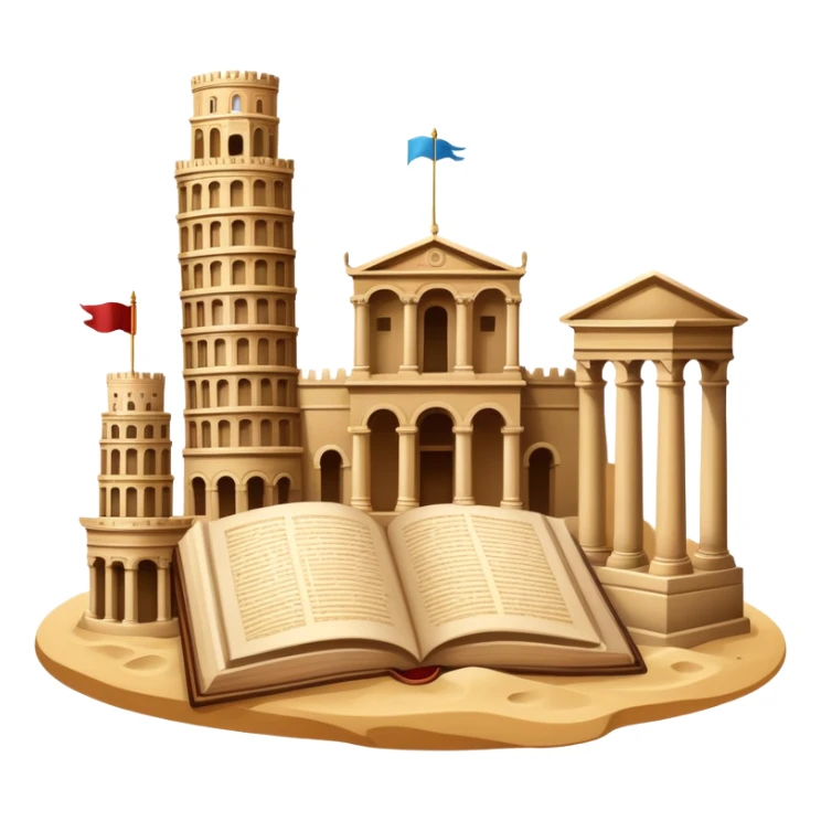 icon featuring ancient scrolls, quill pen with famous historical landmarks and monuments in the background like colliseum. Large, antique sand clocks with sand pouring out represent the passage of time. Historical figures are depicted as statues. Transparent background. sticker
