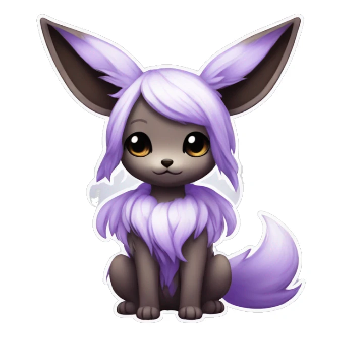 Kawaii Pale Eevee with dark brown long emo hair covering her eyes, violet iris, Full Body sticker