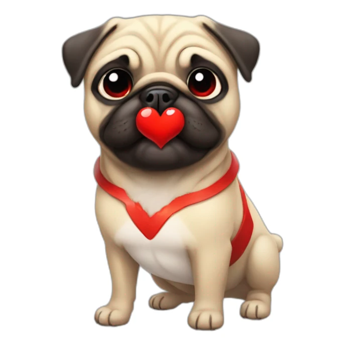 anime pug holding up a big bright red heart sticker