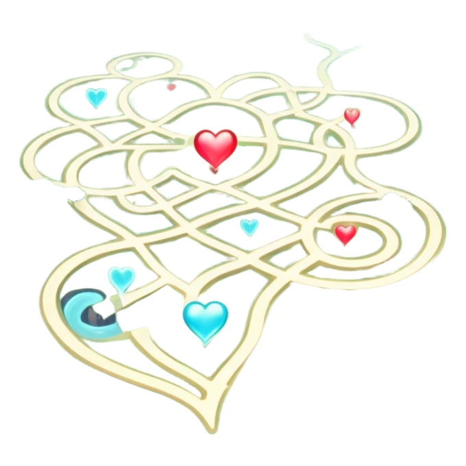 Magical cartography map with abstract heart-shaped pathways blending into the terrain lines, glowing ethereal map symbols sticker