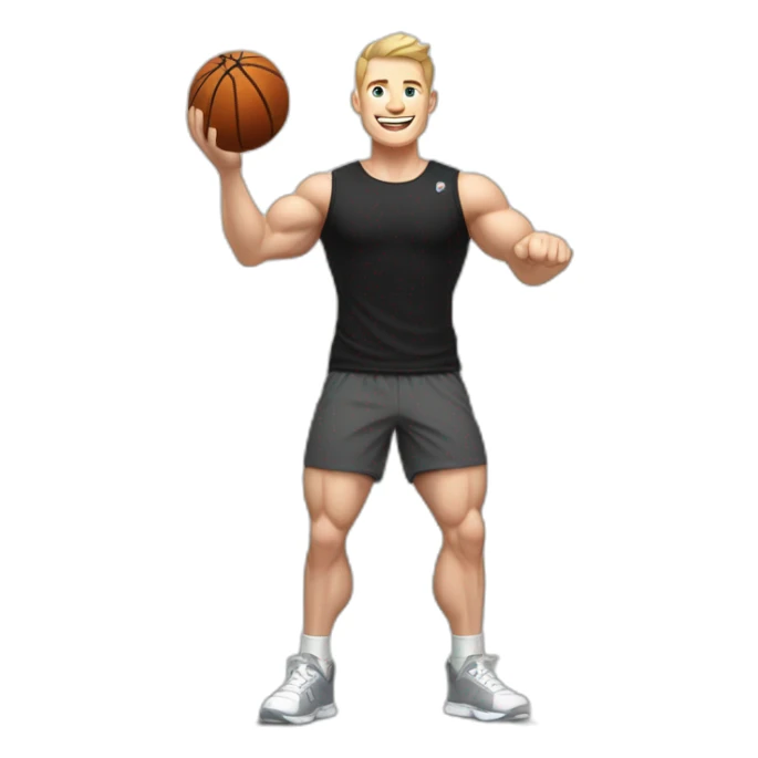 Joyful Celebrating victory Pale skinned Fit Man With the biceps and dark brown hair in black shirt, gray sports shorts and white Sneakers sticker