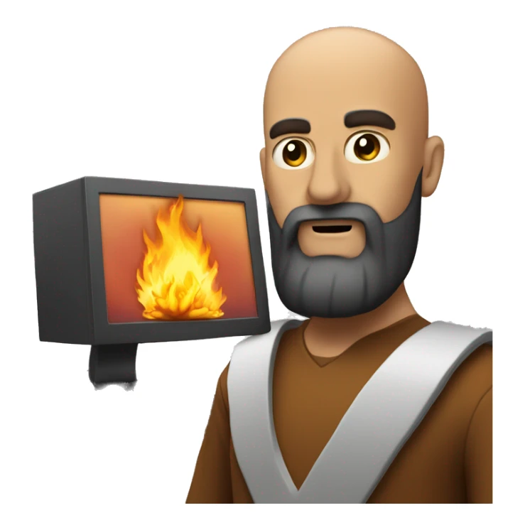 burning computer in front of a bearded bald man sticker