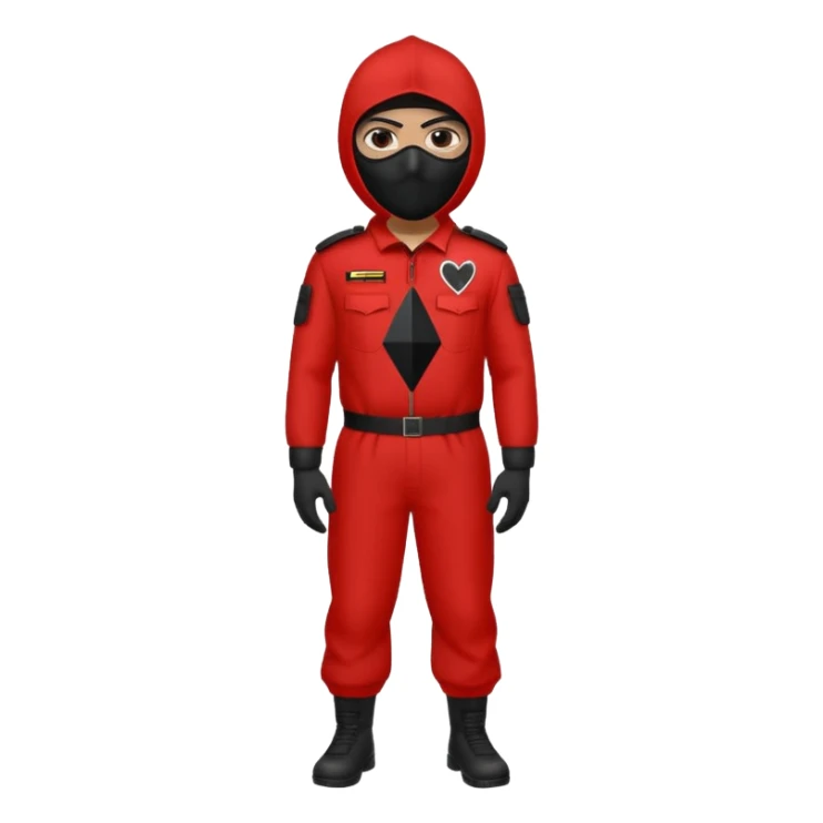 Illustrate a guard in red jumpsuit with black mask featuring a white triangle symbol. sticker