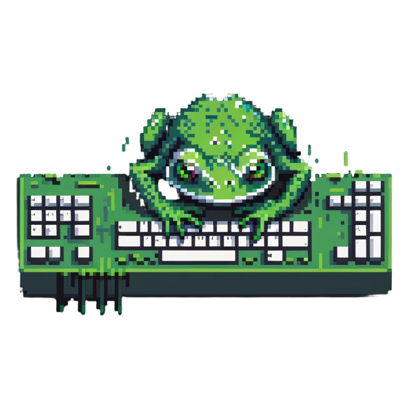 Very sad Pepe the frog meme character coding on computer, tears in eyes, depressed green frog hunched over keyboard, feeling overwhelmed with code sticker