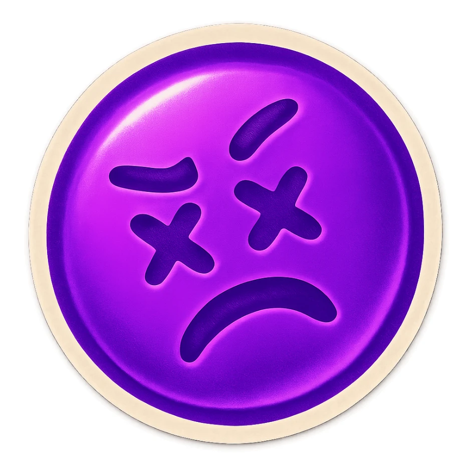 A funny face emote with a neon purple theme, expressing tilt, compact and expressive sticker