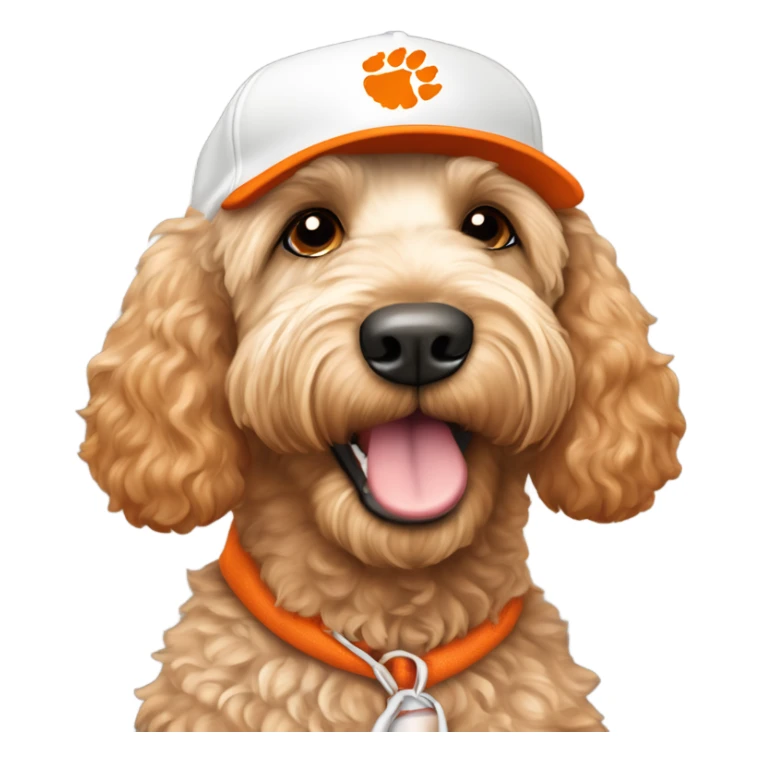 labradoodle dog wearing a white and orange Clemson baseball cap￼ sticker