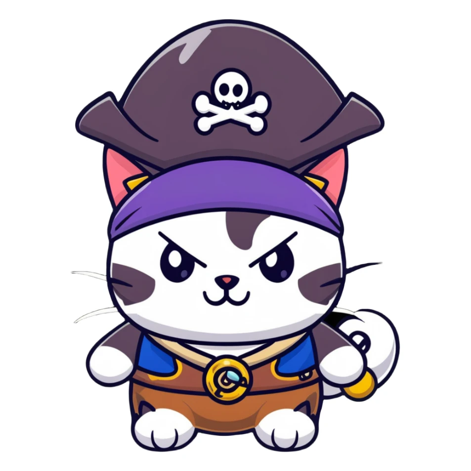 pirate cat with tricorn hat, beads in fur, mischievous expression sticker