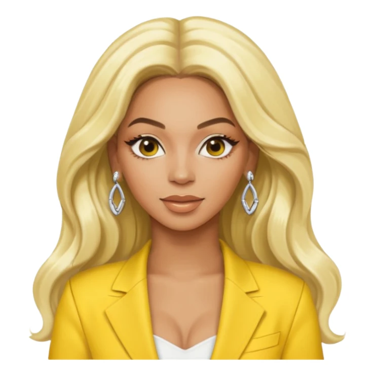 Beyonce with long platinum blonde hair, yellow outfit and earring sticker
