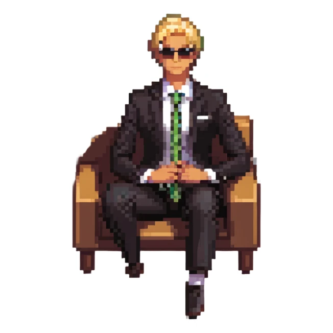 blonde businessman in suit sitting relaxed on vacation, resort background sticker
