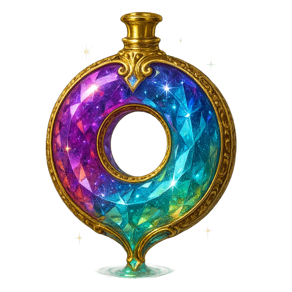 luxurious crystal elixir bottle shaped like a donut, beautiful, coated with colorful glaze, sprinkled with sparkles, lots of shine, edges, ornaments, golden details, magical effects, very small golden neck, transparent background, beautiful merging base, clearly hanging in the air, no base or shadow, premium class impression, design matching a collection of crystal, luxurious, magical bottles sticker