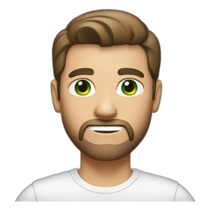 A man with a silver laptop, slick back and a white t-shirt (without beard and moustache, brown hair and green eyes) sticker