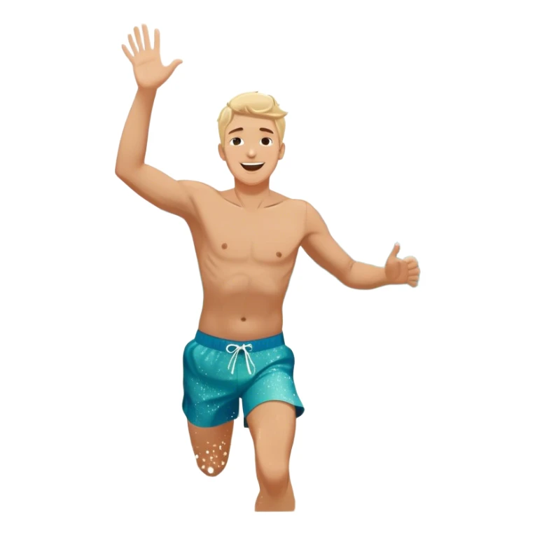 A white man running into the ocean with arms wide open, embracing the waves and the moment. The sun shines warmly, and the water sparkles, symbolizing the joy of creating fun and appreciating life’s simple moments. Their footprints in the sand fade as they fully immerse themselves in the present. sticker