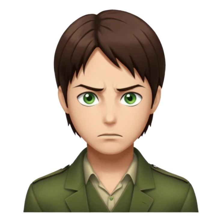 “Create an avatar that looks like Eren Yeager from Attack on Titan, Season 4 — sharp jawline, tied-back long brown hair, intense green eyes. Normal expression.  sticker