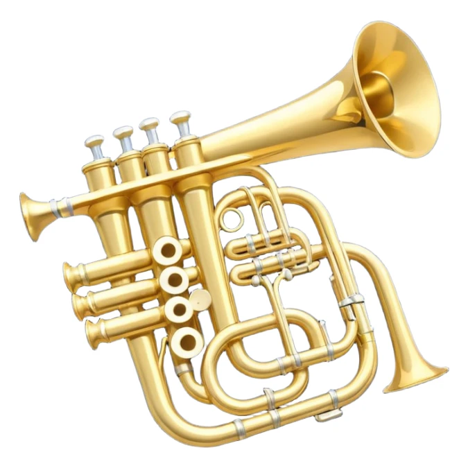 “Flat vector icon of a golden side-view trumpet with mouthpiece, bell, and three valves, thick outline, centered on a deep navy blue rounded-square (or circle); from the bell, 2–3 small white or light-blue music notes with dark outline emerge.  sticker