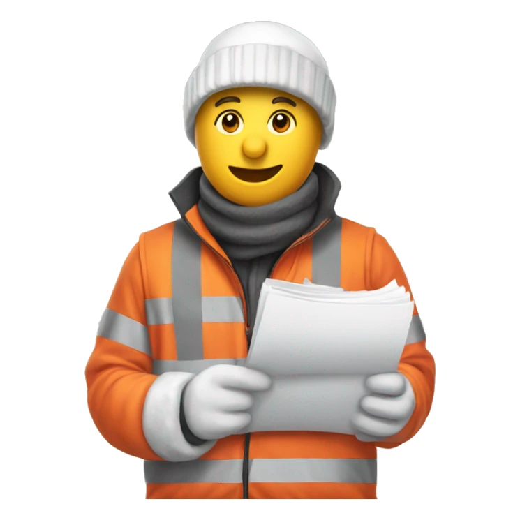 snowman holding construction documents with red shirt and orange vest sticker