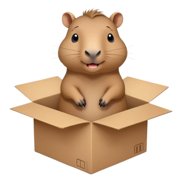  A very cute gery young happy Kapibala with one's head tilted to one side poked its paws out of the cardboard big box and placed them on top of it sticker