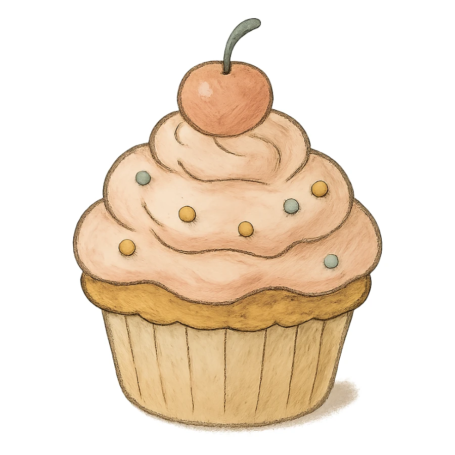 icon of a cupcake, soft colors, whimsical, ghibli style sticker