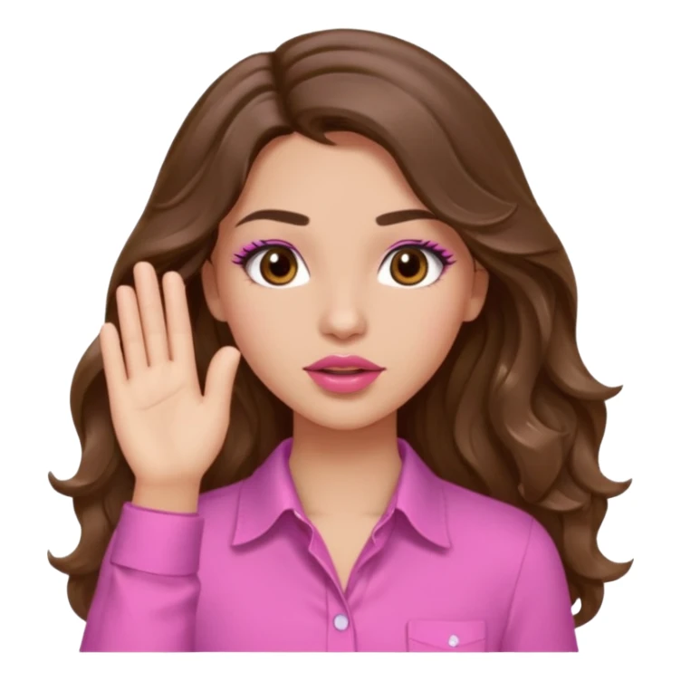 girl with long wavy brown hair, brown eyes, light to medium complexion, in a pink shirt, pink lips, long lashes, puckered lips, both hands in teh air sticker