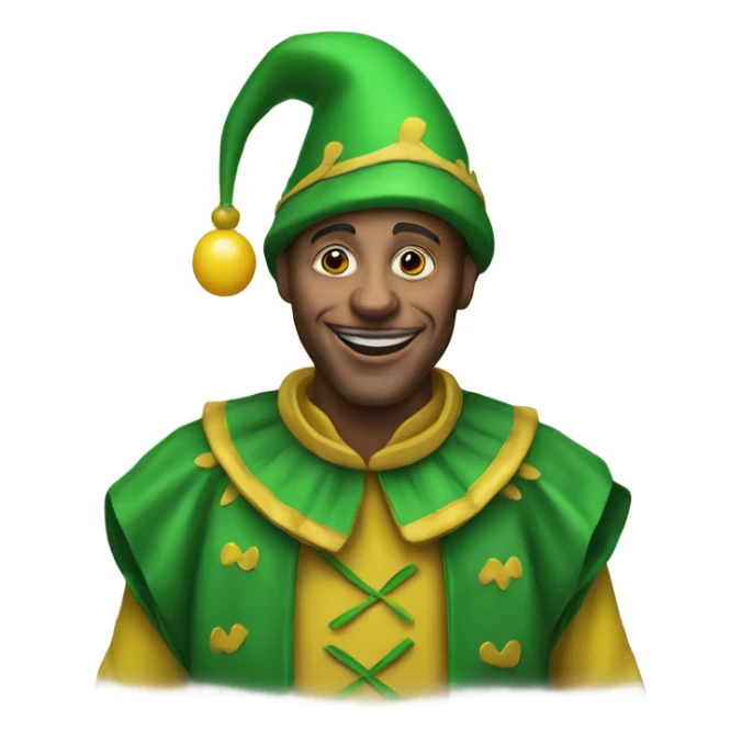 A traditional jester who is wearing green and yellow sticker