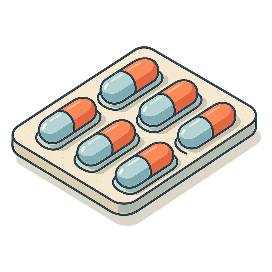 tablet in blister pack, 2D isometric style, minimalist background, detailed, soft shadows and highlights, transparent background sticker