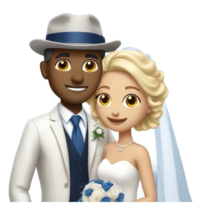Puerto rican beard short hair with blue hat and navy blue suit getting Married with blond long hair girl with white  wedding dress  sticker