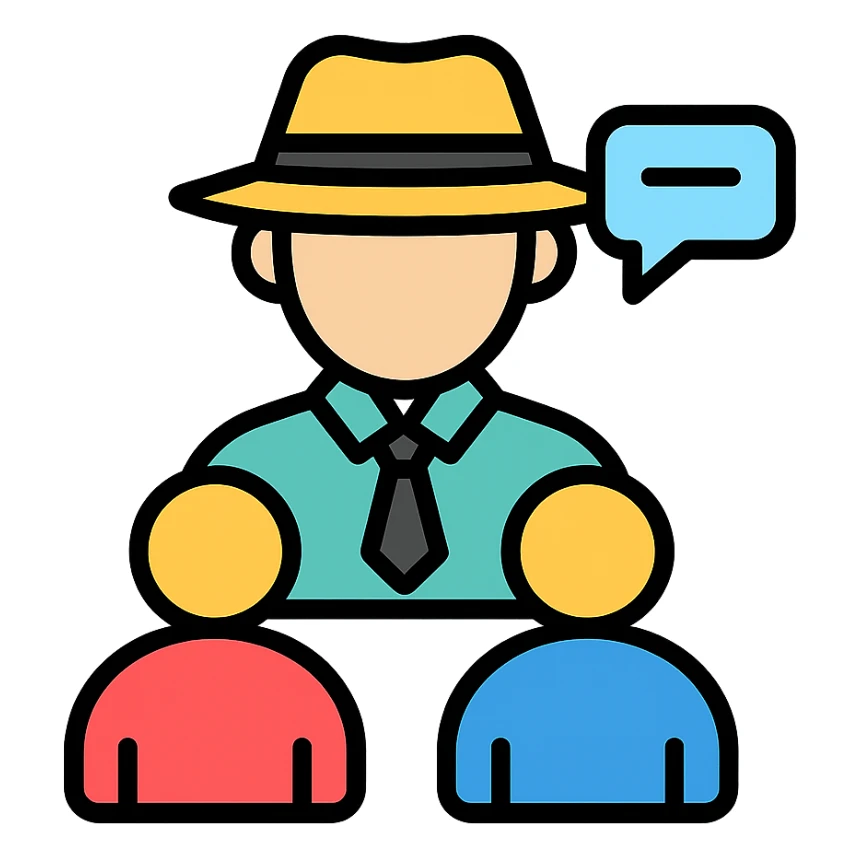 color outline icon of a tour guide with a hat speaking in front of tourists sticker