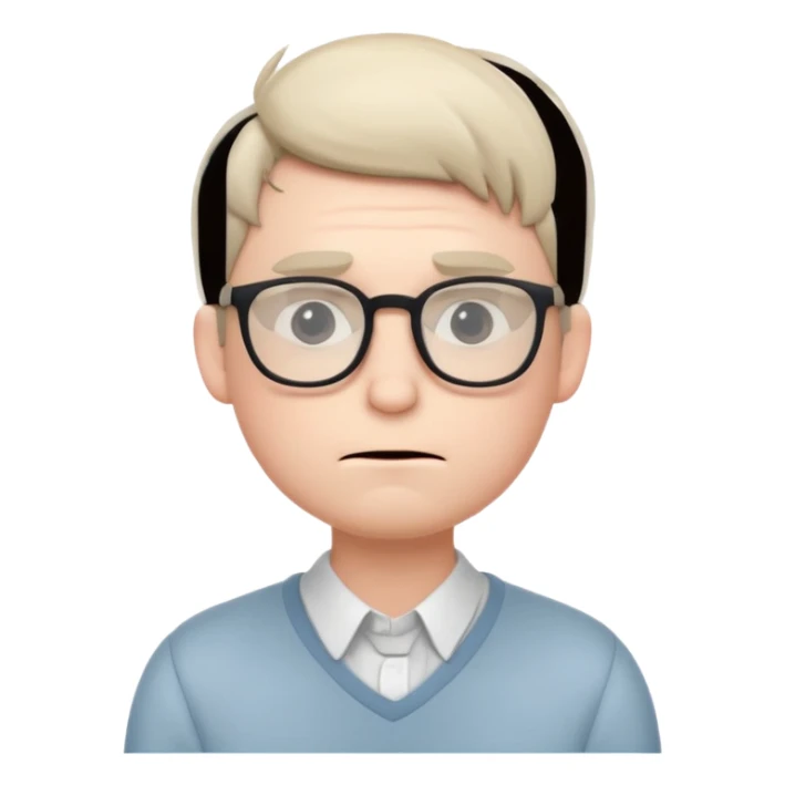A small, timid-looking cartoon male character with pale skin, glasses, slightly nervous posture, blushing cheeks, subtle nerdy attire, soft color palette, stylized as a cute, minimalist emoji icon. sticker