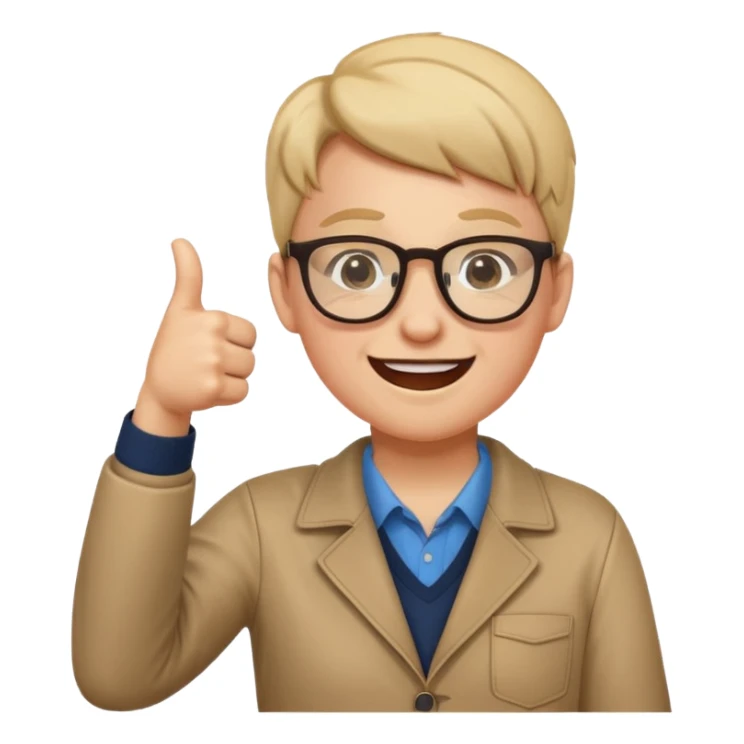 un estudiante que este parado con sus lentes guiñando el ojo y CON LAS MANOS HACIA ARRIBA DANDO LIKE sticker