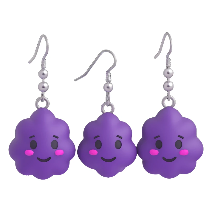 3D emoji-style purple and silver cluster earrings, vibrant and playful sticker