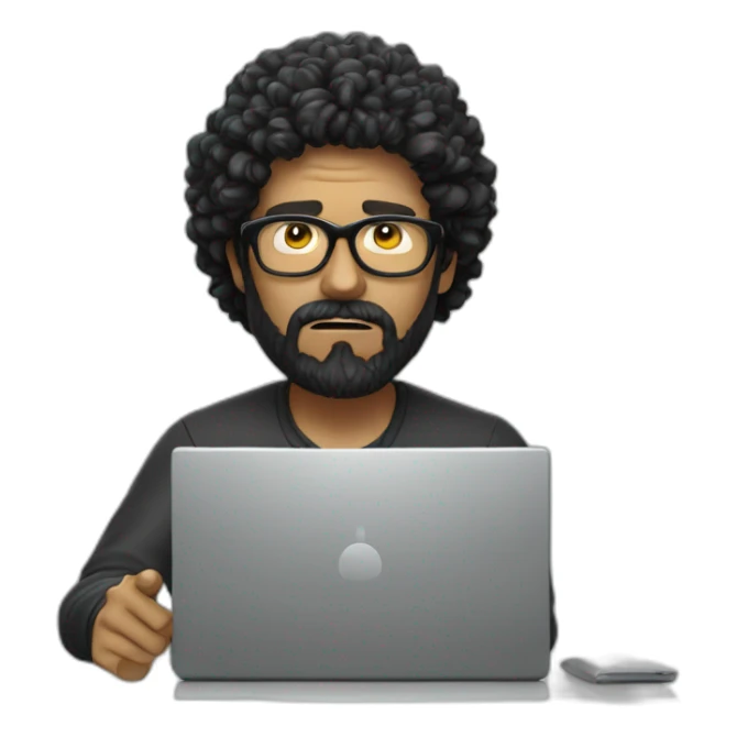 angry men with black curly hair and beard with golden glasses working on computer sticker