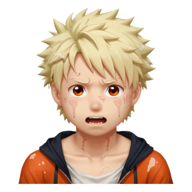 Katsuki Bakugo’s face showing physical delight and a blushed face with white glue splattered around his mouth With lots of drool. His eyes are rolled back with his eyebrows tilted back sticker
