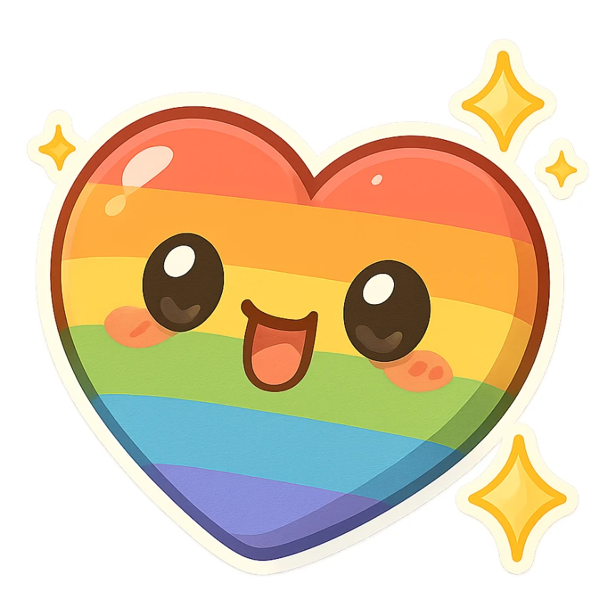 chibi sticker-style rainbow heart with sparkles, cute and exaggerated sticker