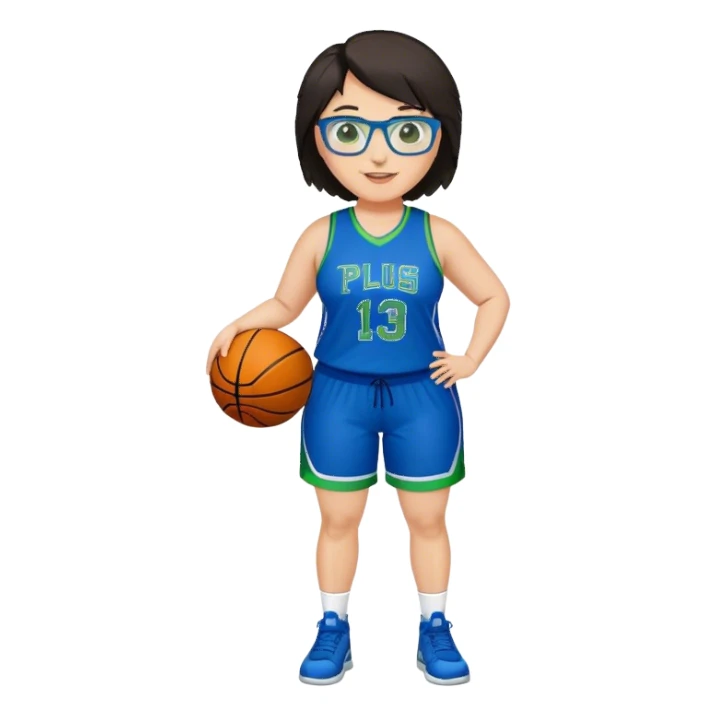 Full Body plus size white female basketball player with short dark hair with highlights spike hair wearing blue glasses  wearing blue green uniform smiling sticker