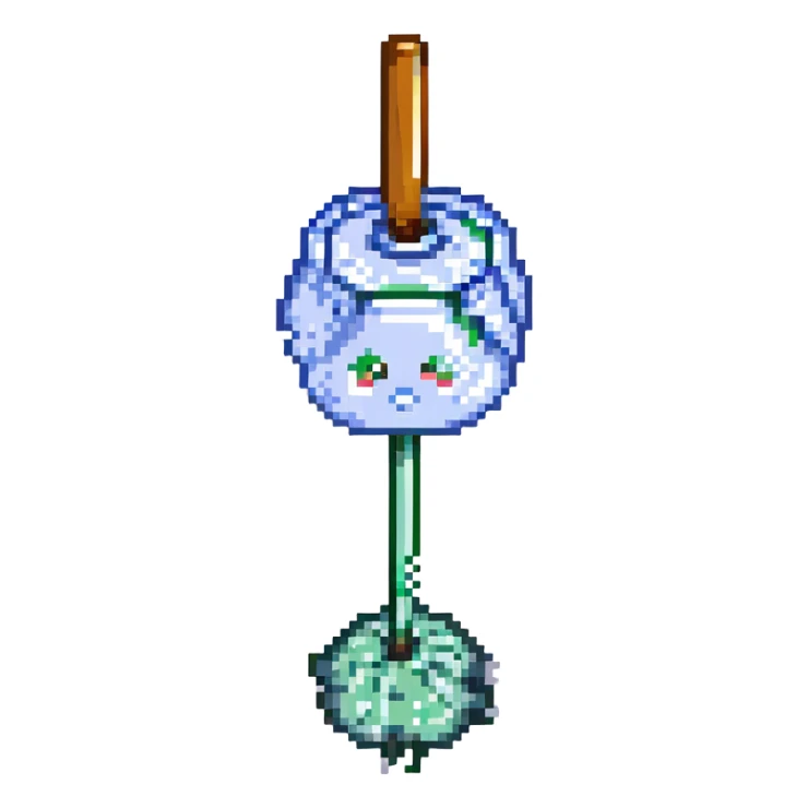 A simple mop cleaning a flat syrup spill on the floor, not inside a jar, in pixel art style, transparent background. sticker