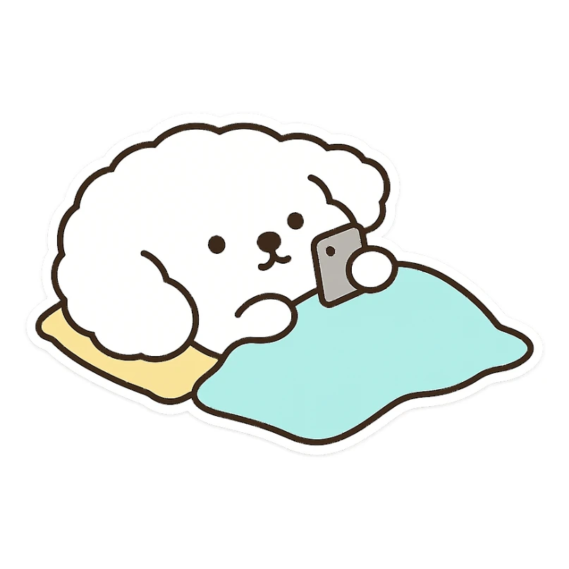 Create a WhatsApp sticker style image of a dog lying down with a cellphone. Remove the background completely so only the dog and cellphone remain. Add a white border around the dog and cellphone for a sticker effect. Keep the original colors of the dog and cellphone intact. Remove any rainbow or extra colorful glow effects from the image. sticker