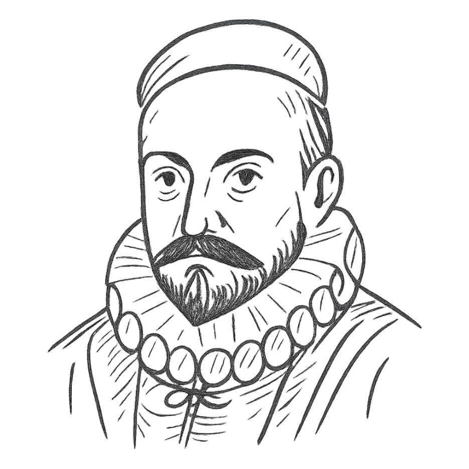 a hand drawn black outline portrait of philosopher Montaigne with similar-sized eyes based a famous portrait of him sticker