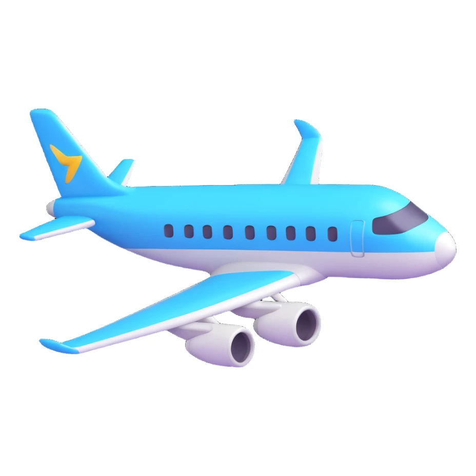 Make an airplane emoji that looks exactly like the reference image, ignoring the crocodile. Style it in iOS emoji style with 3D, shiny, smooth gradients, soft shadows, realistic airplane shape, classic emoji look, and add a glossy effect to the airplane body. sticker