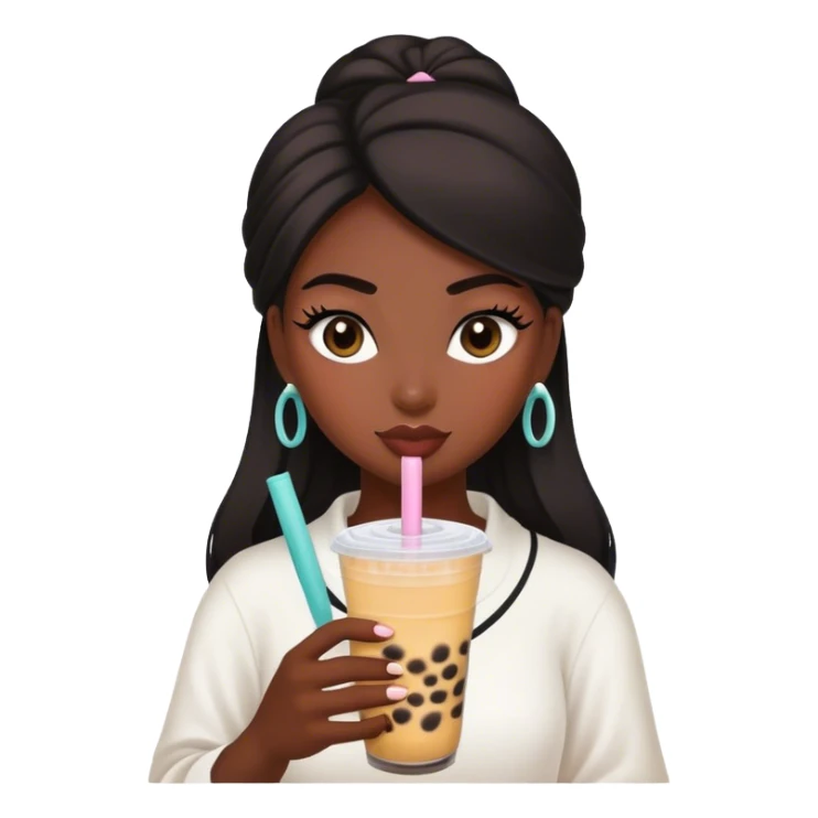 Woman with dark skin and long lashes holding a boba tea sticker