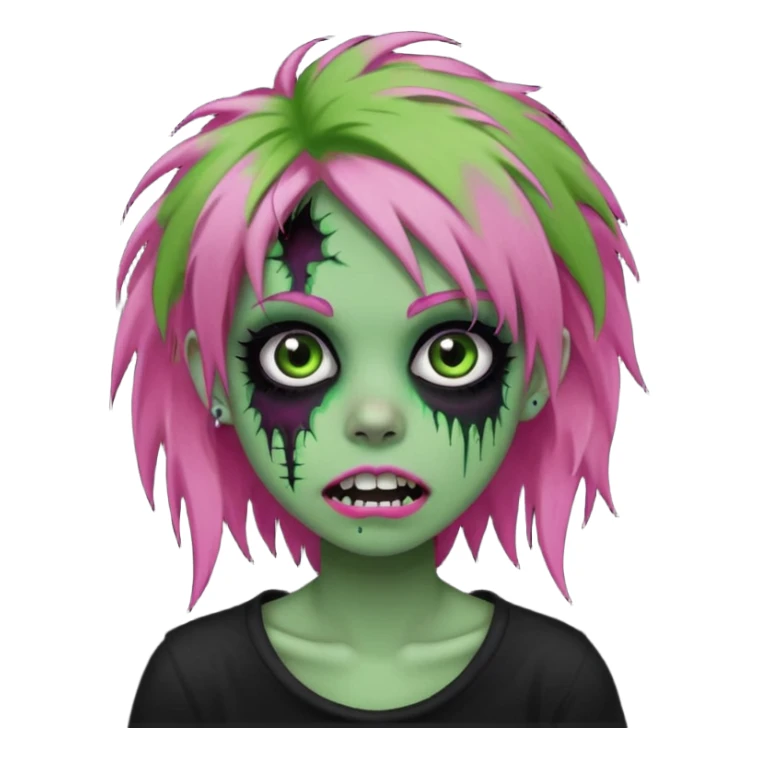 girl, green zombie, pink coily hair, medium long, emo, shaggy, dark, spooky, piercing on eyebrow, colourful teeth, creepy blank expression sticker