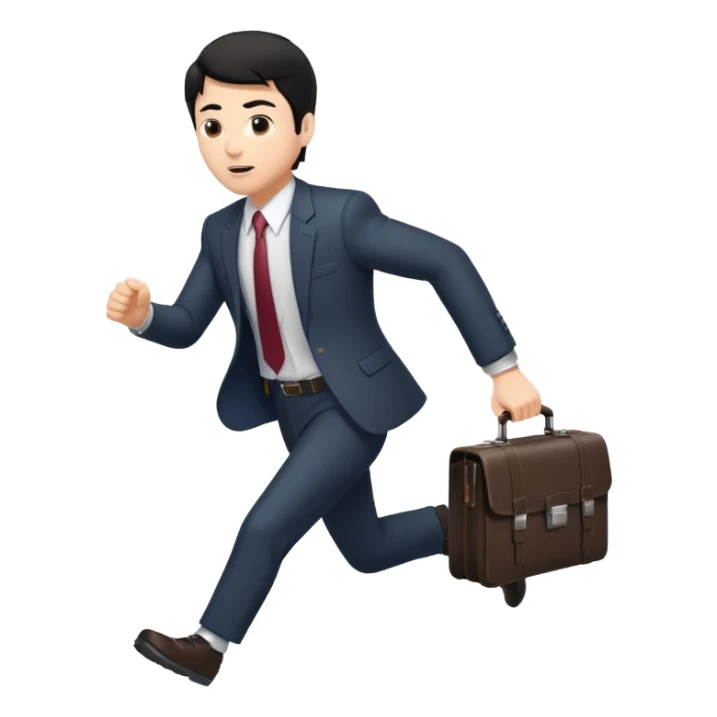 A black-haired man in a suit running with a briefcase sticker