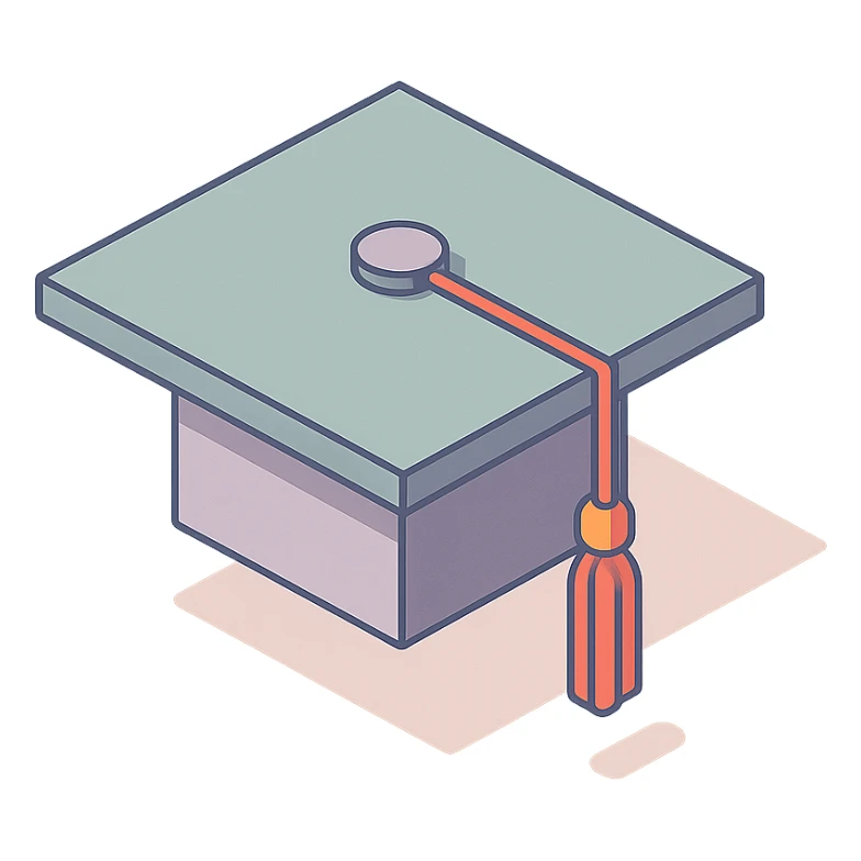 academic graduation cap with red tassel, 2D isometric style, sharper angles, high detail, pronounced shadows and highlights, clean lines, minimalist eastern accent, pastel palette #98B5BC, #B5B3C1, #C9A3C9, #E4C0CA, #F7DCD1, #F7C0AA, transparent background sticker