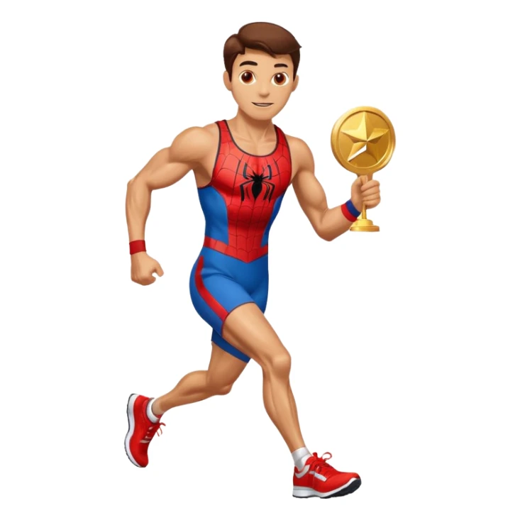 spiderman picking running a marathon with gold medal sticker