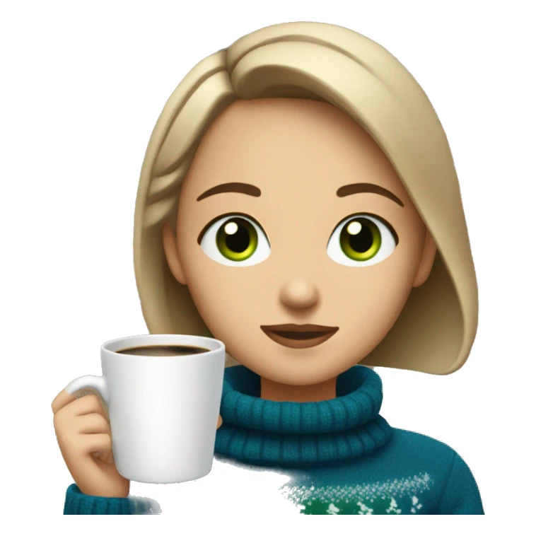 Light brown short haired girl with green eyes drinking coffee wearing blue Christmas sweater sticker