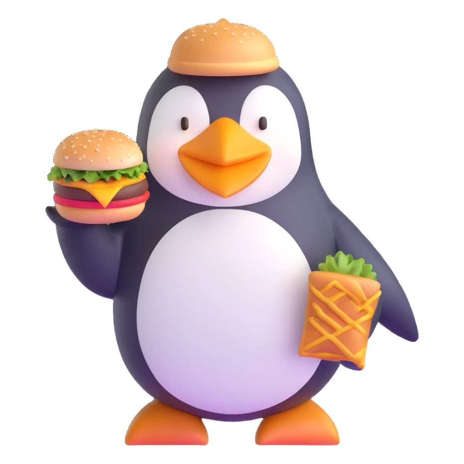 penguin enjoying a hamburger sticker
