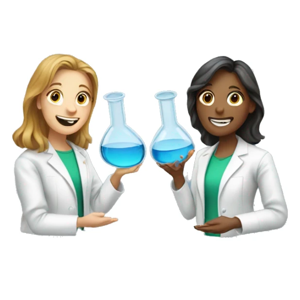  two scientists girls holding one clear glass chemistry sticker